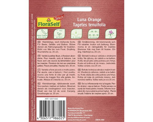 Informace o balíčku semen Luna Orange Tagetes tenuifolia.