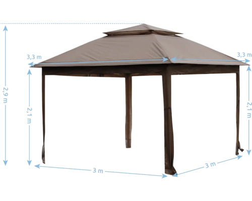 Pavilon o rozměrech 3,3 metru krát 3 metry a výšce 2,9 metru.