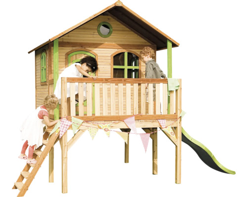Dřevěný hrací domek se skluzavkou a dětmi