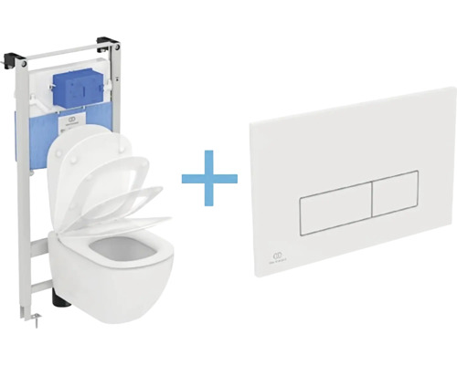 Závěsné WC AQUABLADE set Ideal Standard Tesi s instalačním systémem ProSys, ovládací tlačítko bílé, sedátko se SoftClose