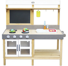 Dřevěná dětská kuchyňka s varnými deskami, dřezem a tabulí