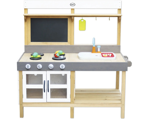 Dřevěná dětská kuchyňka s varnými deskami, dřezem a tabulí