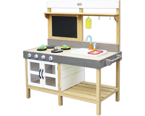 Dřevěná dětská kuchyňka s dřezem, varnými deskami a tabulí