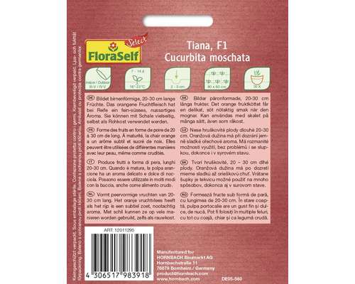 Balení semen dýně Tiana F1, obsahuje informace o pěstování a vlastnostech