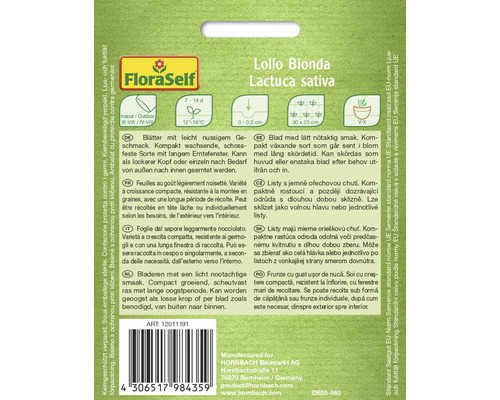 Zadní strana sáčku semen Lollo Bionda Lactuca sativa s informacemi o pěstování a sklizni