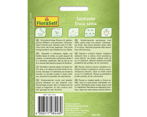 Balíček semen rokety od FloraSelf s informacemi o pěstování a sklizni