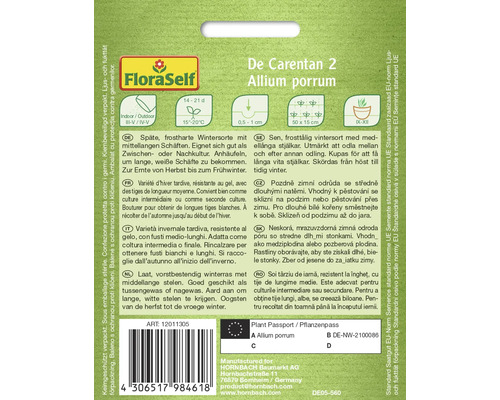 Sáček semen De Carentan 2 Allium porrum od FloraSelf pro pozdní, mrazuvzdorný zimní pór se středně dlouhými natěmi