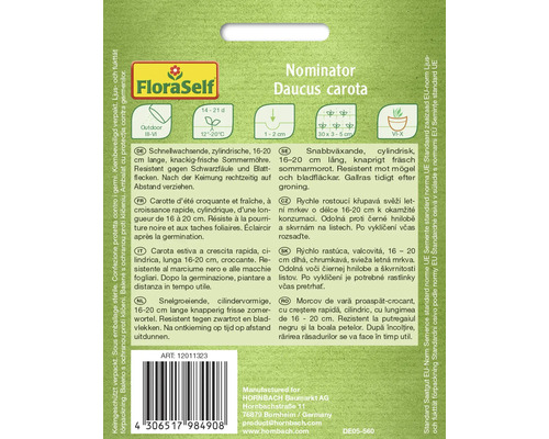 Balení semen Nominator Daucus carota s informacemi o pěstování a odolnosti.