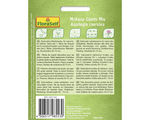 Balení semen Aquilegia caerulea McKana Giants Mix s informacemi o pěstování a péči