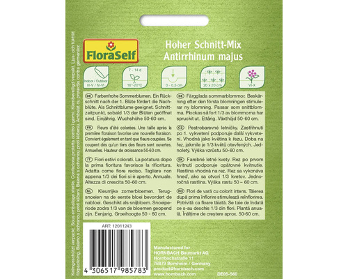 Balení Antirrhinum majus Hoher Schnitt-Mix s informacemi o setí a péči