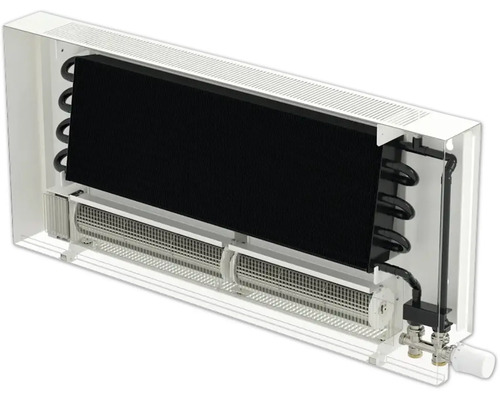 Průřez radiátoru s krytem pro montáž na stěnu