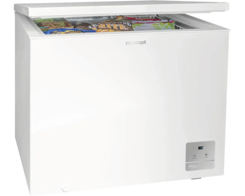 Truhlicová mraznička s otevřeným víkem a potravinami