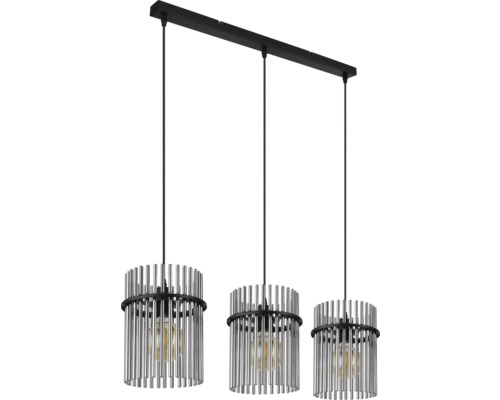 Závěsné svítidlo se třemi žárovkami s válcovými stínidly z kovových tyčí