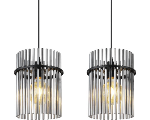 Dvě závěsné lampy s válcovým stínidlem z kovových tyčí