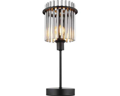 Stolní lampa se stínidlem z trubicového skla a černou kovovou základnou.