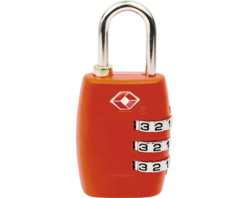 Červený číselný zámek se třemi číselnými kroužky a certifikací TSA