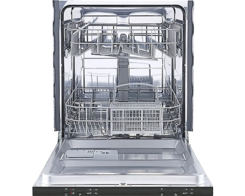 Otevřená myčka s koši na nádobí a příbory