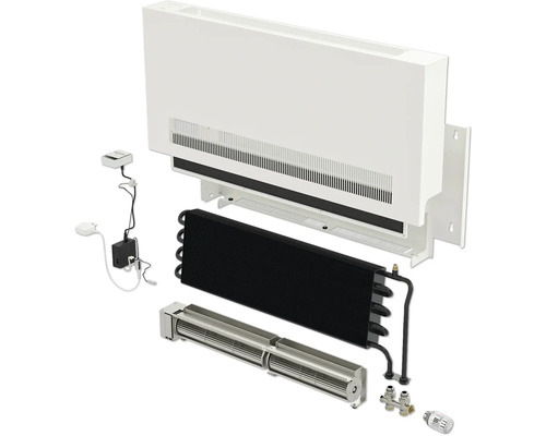 Rozložený pohled na bílý radiátorový konvektor s termostatickým ventilem