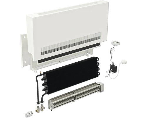 Rozložený pohled na topnou komponentu s pouzdrem, tepelným výměníkem, ventilátorem a příslušenstvím