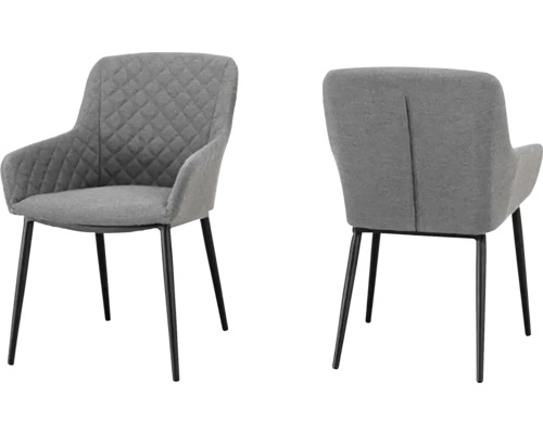 Šedé křeslo s látkovým potahem a kovovými nohami, pohled zepředu a zezadu