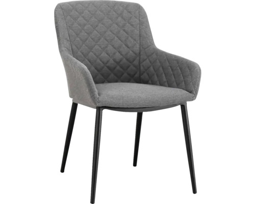 Šedá čalouněná židle s područkami a černými nohami