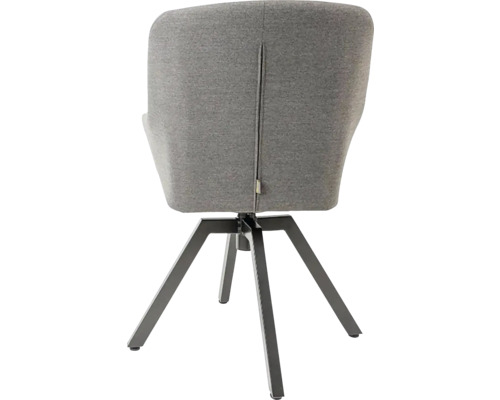 Pohled zezadu na otočnou jídelní židli s látkovým potahem a kovovým rámem