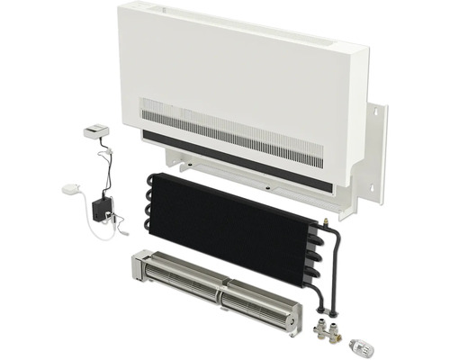 Rozkreslený pohled na nástěnný radiátorový konvektor s různými komponenty