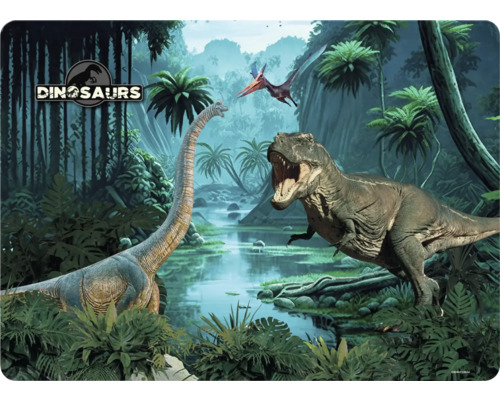 Dinosaří scéna s Brachiosaurem, Tyrannosaurem Rexem a létajícím dinosaurem v bujné vegetaci