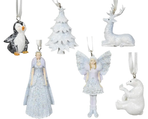 Figura polyresin, různé druhy Sada ozdob na vánoční stromeček s motivy z plastu, včetně tučňáka, jedle, anděla, soba a ledního medvěda