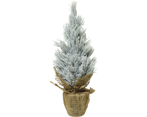 Umělý vánoční stromek mini Ø12 x 30 cm ojíněný v jutovém pytli Dekorativní, zasněžený mini vánoční stromek v jutovém pytli