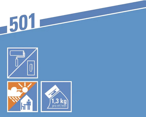 Informace o zpracování s válečkem a hladítkem, použití v interiéru za deště a slunce a spotřeba materiálu 1,3 kilogramu na metr čtvereční na milimetr