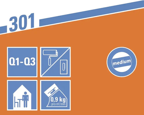 Informace o produktu: Q1 až Q3, vhodné pro válečky a špachtle, interiér, spotřeba 0,9 kilogramu na metr čtvereční na milimetr, střední zrnitost