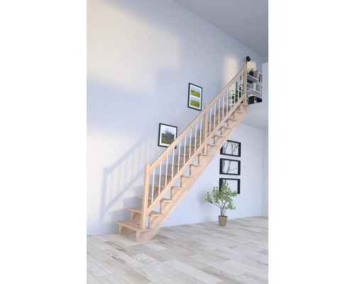 Schodiště Pertura Atanas Lepené dřevo buk bez podstupnic buk rovné 80 cm 13/14 Dřevěné schodiště s bílým zábradlím v světlé místnosti.