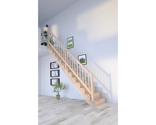 Schodiště Pertura Atanas Lepené dřevo buk s podstupnicemi buk rovné 80 cm 13/14 Dřevěné schodiště se zábradlím ve světlé místnosti