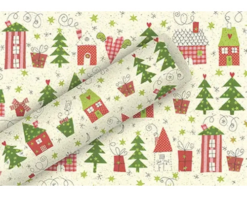 Vánoční balicí papír "domky" barevný Balicí papír s domy, vánočními stromky a dárky