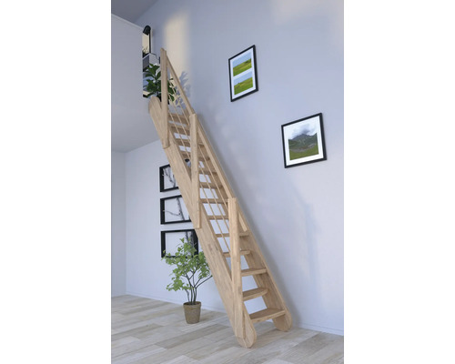 Schodiště Pertura Kybele Dub se střídavými stupni dub rovné 61,5 cm 12/13 Dřevěné schodiště ve světlém obývacím pokoji s dekorativními obrázky na zdi