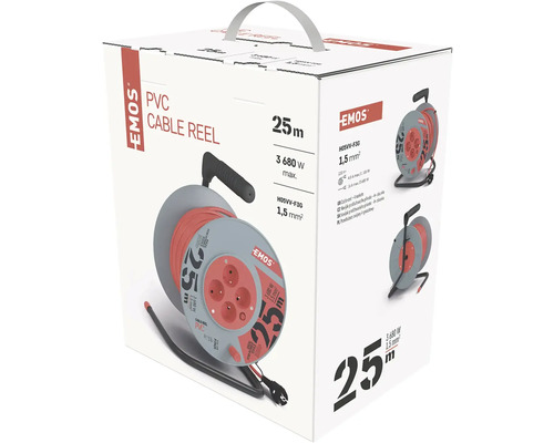 Kabelový buben Emos s 25 metry kabelu v obalu produktu