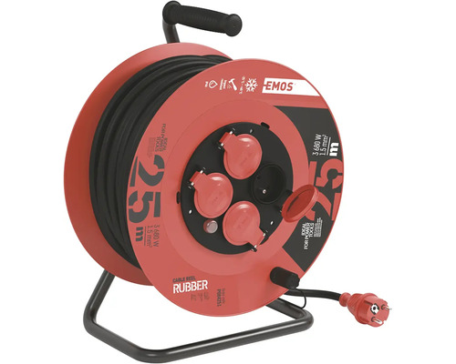 Prodlužovací kabelový buben s 25 metry gumového kabelu a čtyřmi zásuvkami