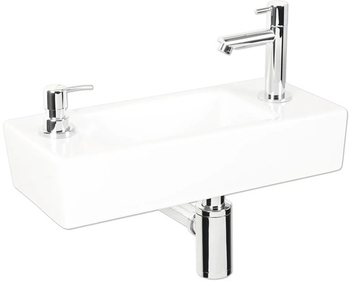 Malé umyvadlo s vodovodní baterií a dávkovačem mýdla