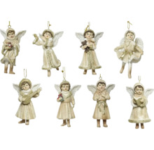Osm vánočních andělských ozdob s křídly a zlatými detaily v různých pozicích