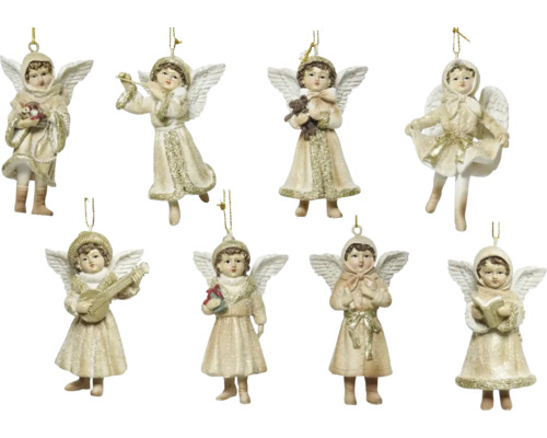 Anděl polyresin Osm vánočních andělských ozdob s křídly a zlatými detaily v různých pozicích