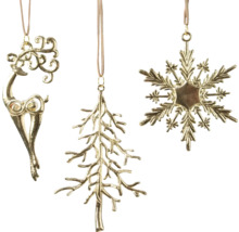Dekorativní zlaté přívěsky ve tvaru jelena, stromu a sněhové vločky