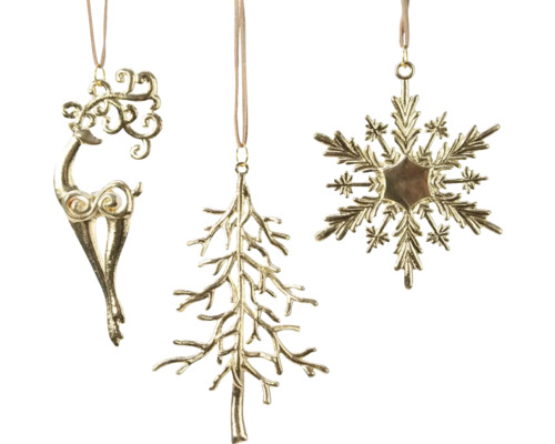 Dekorativní zlaté přívěsky ve tvaru jelena, stromu a sněhové vločky