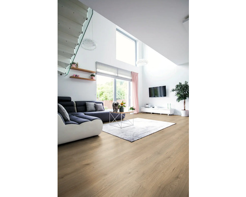 Světlý obývací pokoj s pohovkou, kobercem a dřevěnou podlahou