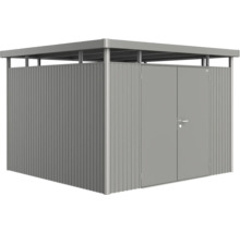 Kovový zahradní domek s dvoukřídlými dveřmi a plochou střechou