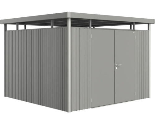 Kovový zahradní domek s dvoukřídlými dveřmi a plochou střechou