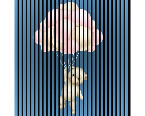Designový akustický panel DIGI06W 1133x19x1195mm Ilustrace medvídka visícího na balónu s vertikálními pruhy v popředí.