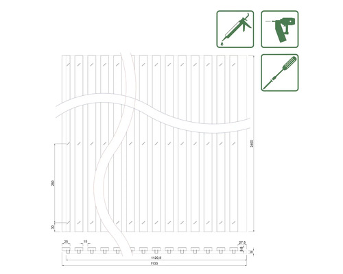 Diagram dřevěné stěnové konstrukce s rozměry a symboly nástrojů