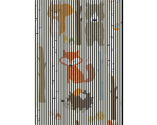 Designový akustický panel DIGI06P 1693x19x2400mm Ilustrace s medvědem, liškou, ježkem a jinými lesními zvířaty za svislými pruhy