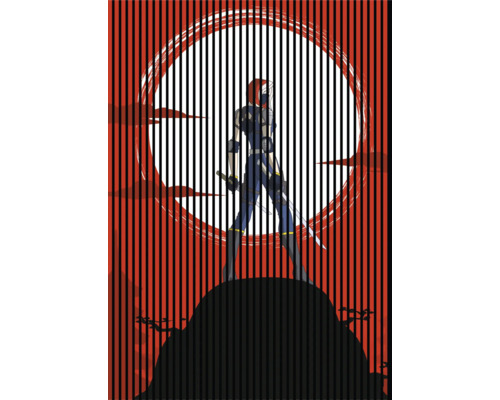 Designový akustický panel DIGI06T 1693x19x2400mm Ilustrace komiksové postavy s mečem před pozadím úplňku